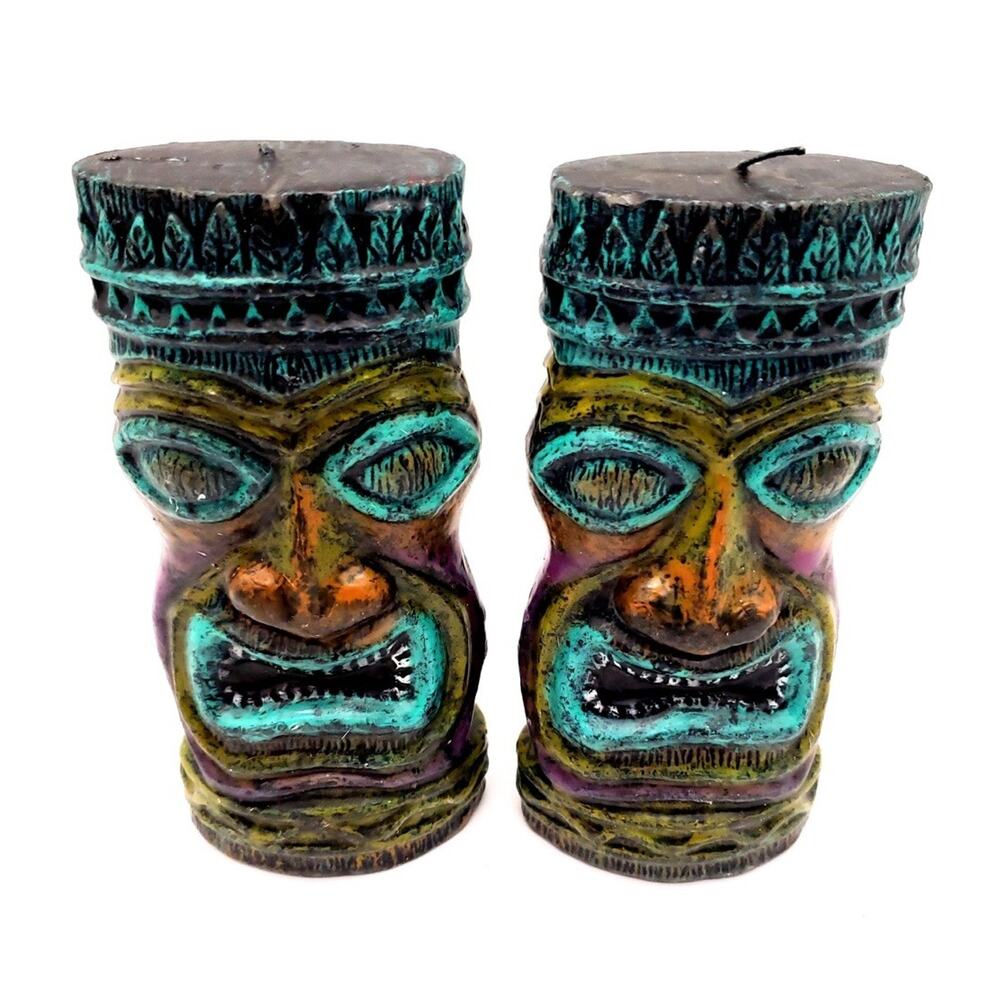 Tiki Head Candle Set Hand-Painted Tribal Design 6" Set Of 2